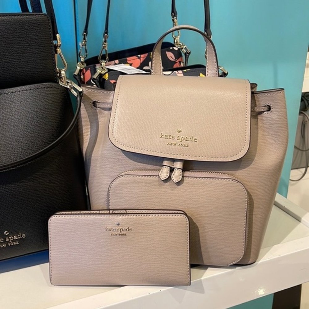 Kate Spade Darcy Flap Backpack & Darcy Large Slim Bifold Wallet Warm Taupe - Picture 2 of 16
